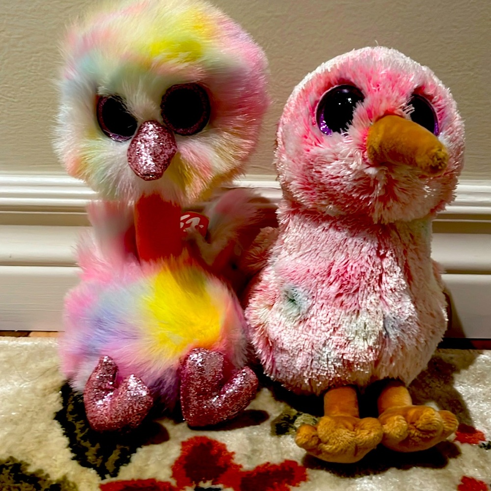 Two beanie boos: Kiwi the kiwi bird and Avery the pink ostrich!